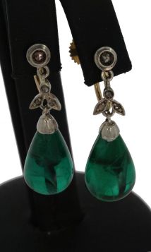 Roosdiamanten antiek 14k gouden set oorbellen smaragdgroene steen