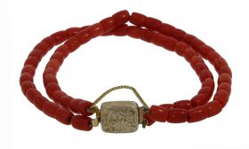 Bloedkoraal 2-strengs vintage armband goudvergulde zilveren sluiting