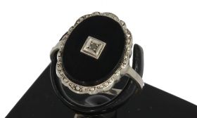 Onyx met diamant antieke zilveren dames ring